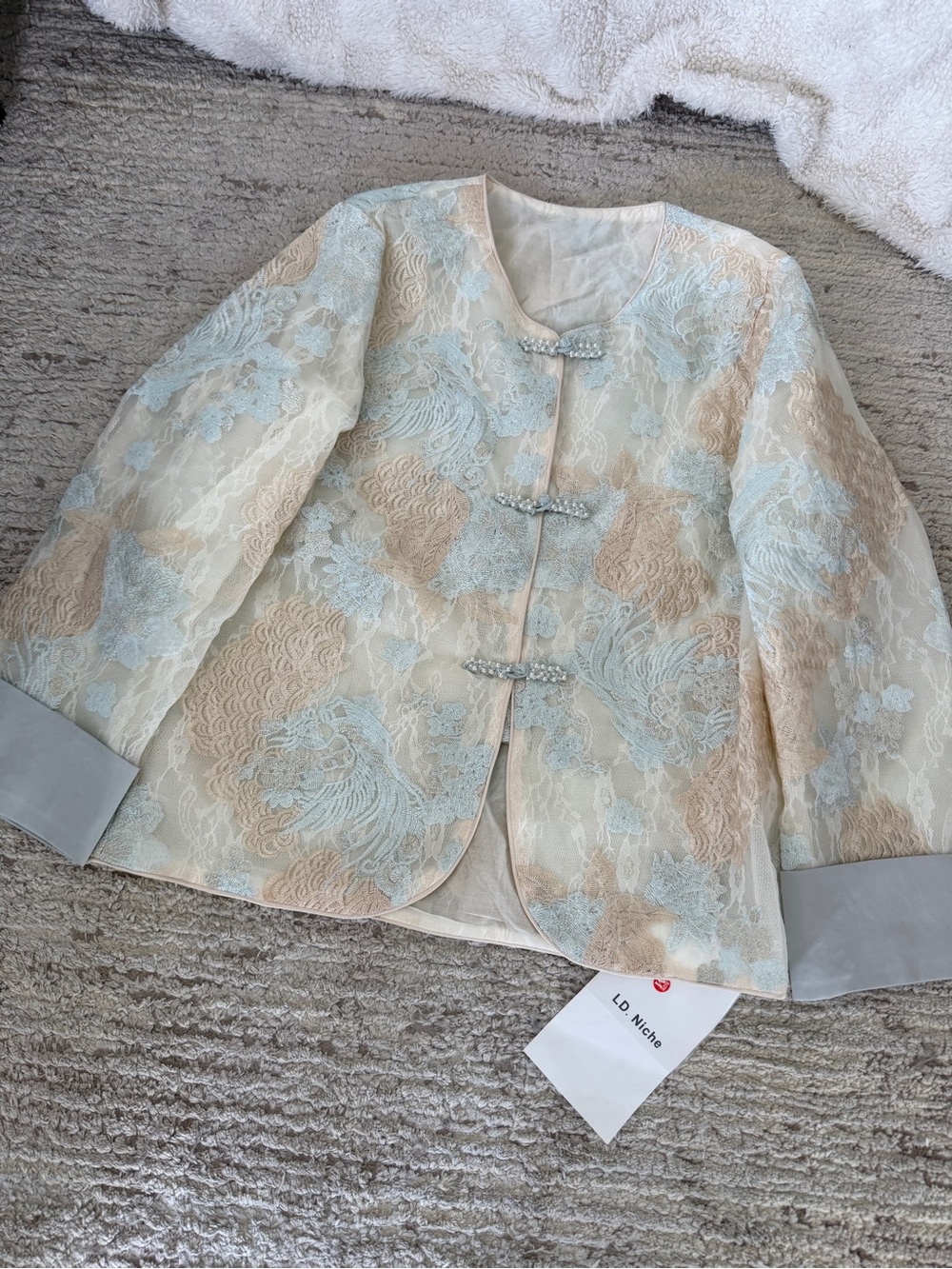 Women's Pastel Lace Brocade Jacket with Decorative Frog Closures
